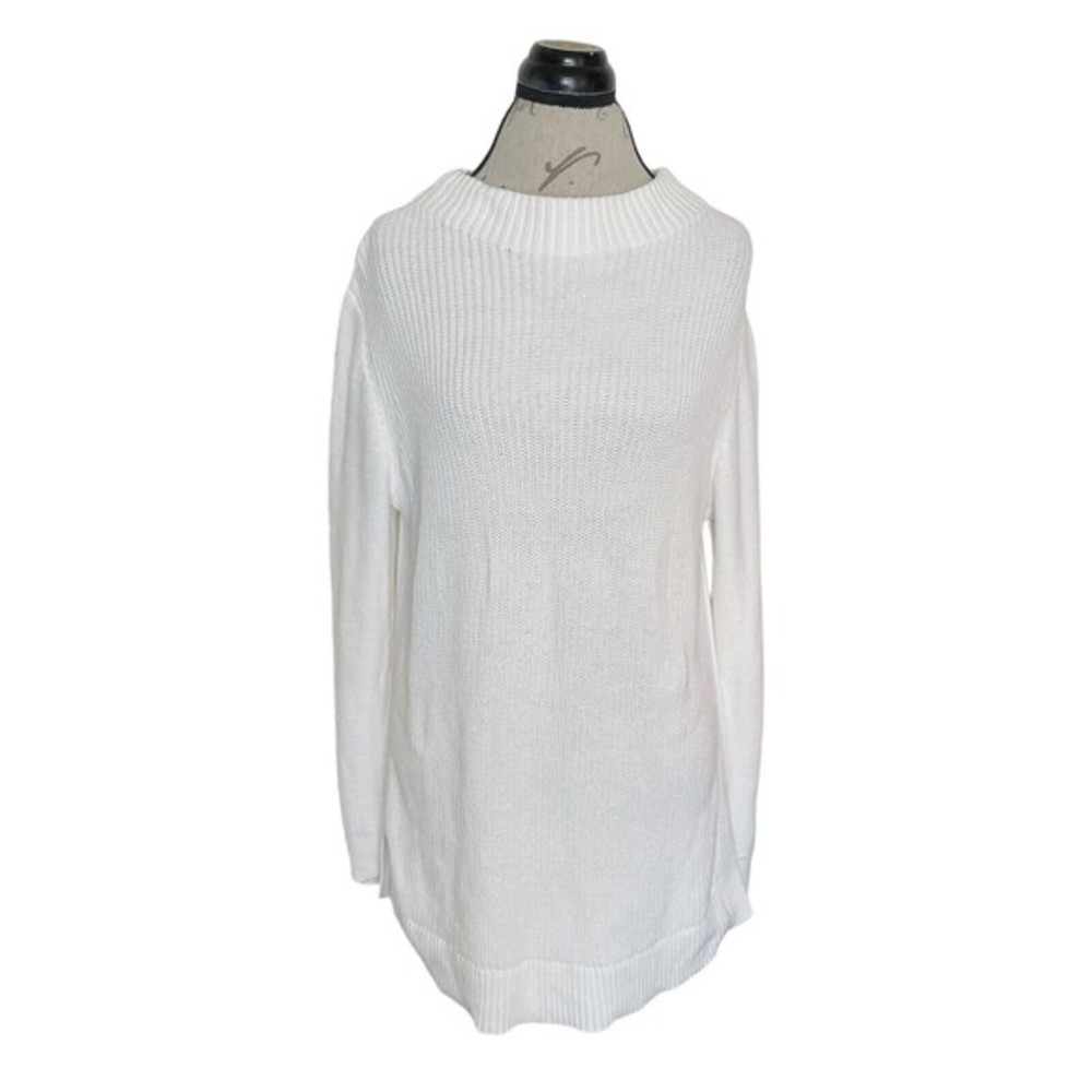 Loft Outlet Womens Ivory Sweater Ribbed Knit Long Crew Neck Side Slit Sz Large
